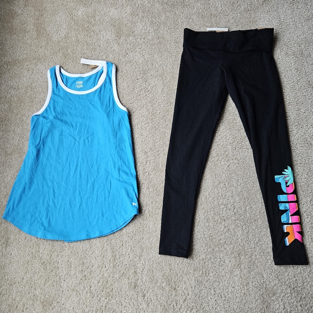 NWT- Victoria's Secret PINK Blue Tank Top and Black Leggings Set